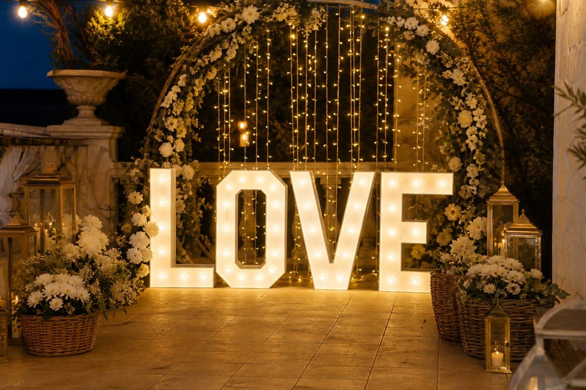 Lettres lumineuses LOVE, arche florale, paniers et lanternes — décoration événementielle