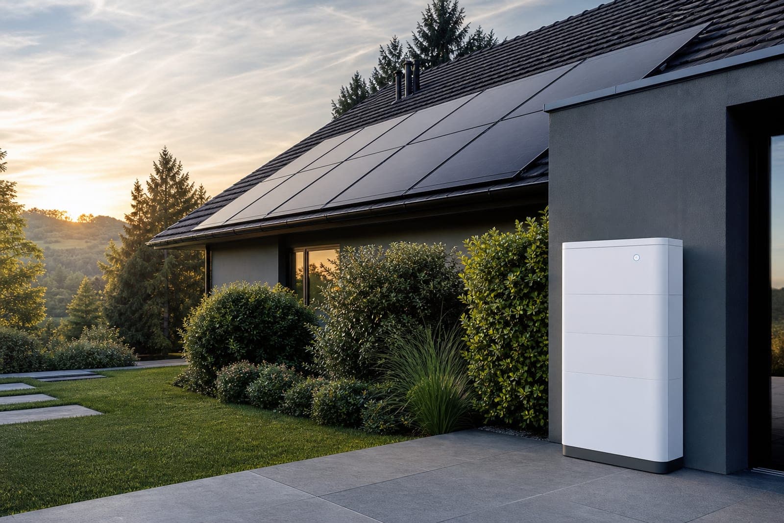 Panneaux solaires sur toiture et batterie de stockage